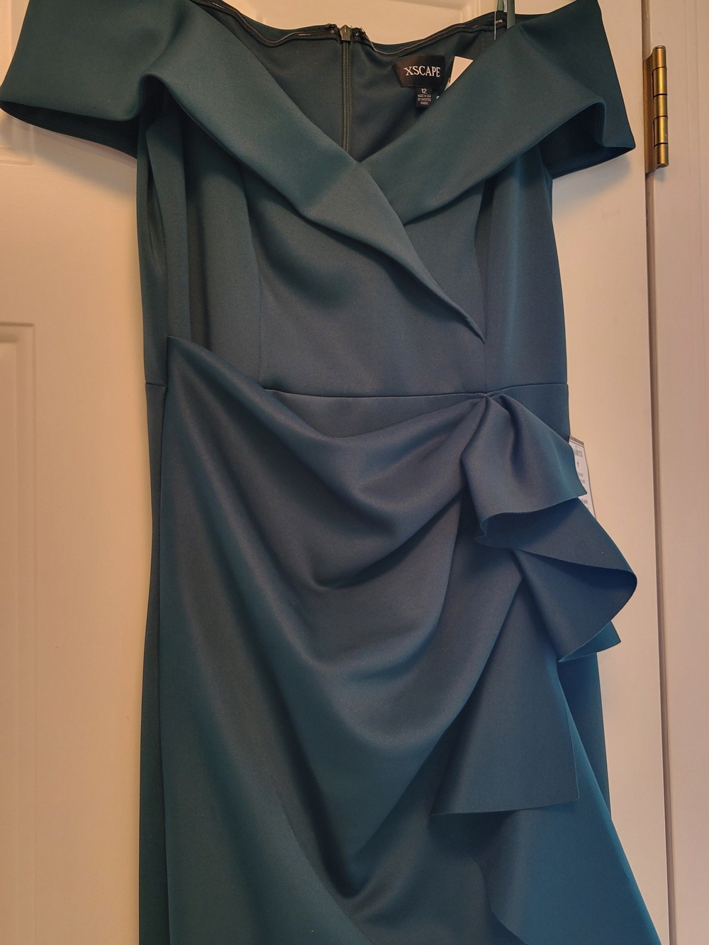 XSCAPE Off-Shoulder Teal Ruffle Sheath Dress